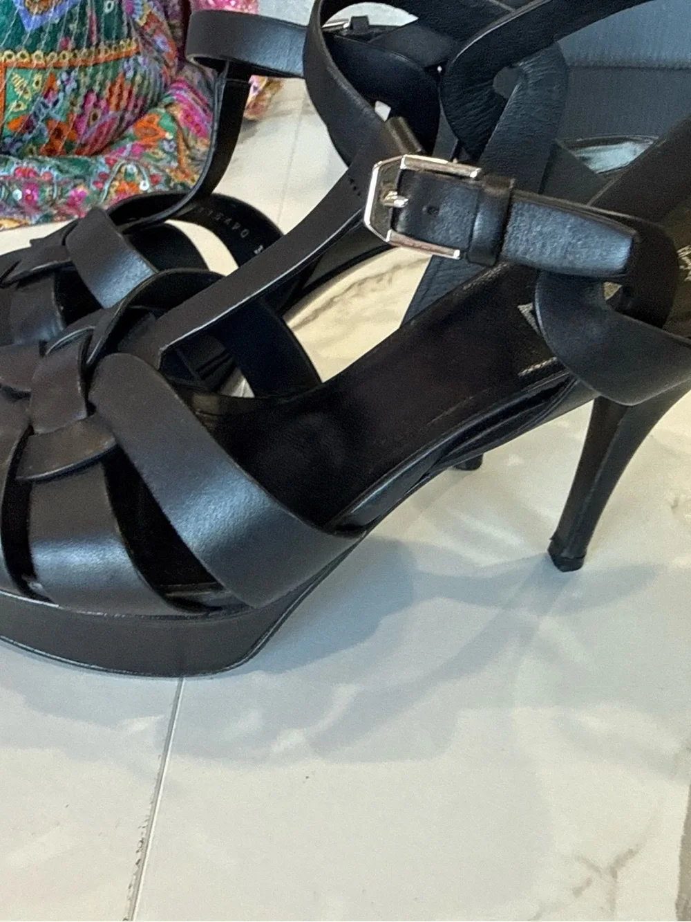 Saint Laurent Black Leather Knotted T-Strap Heels